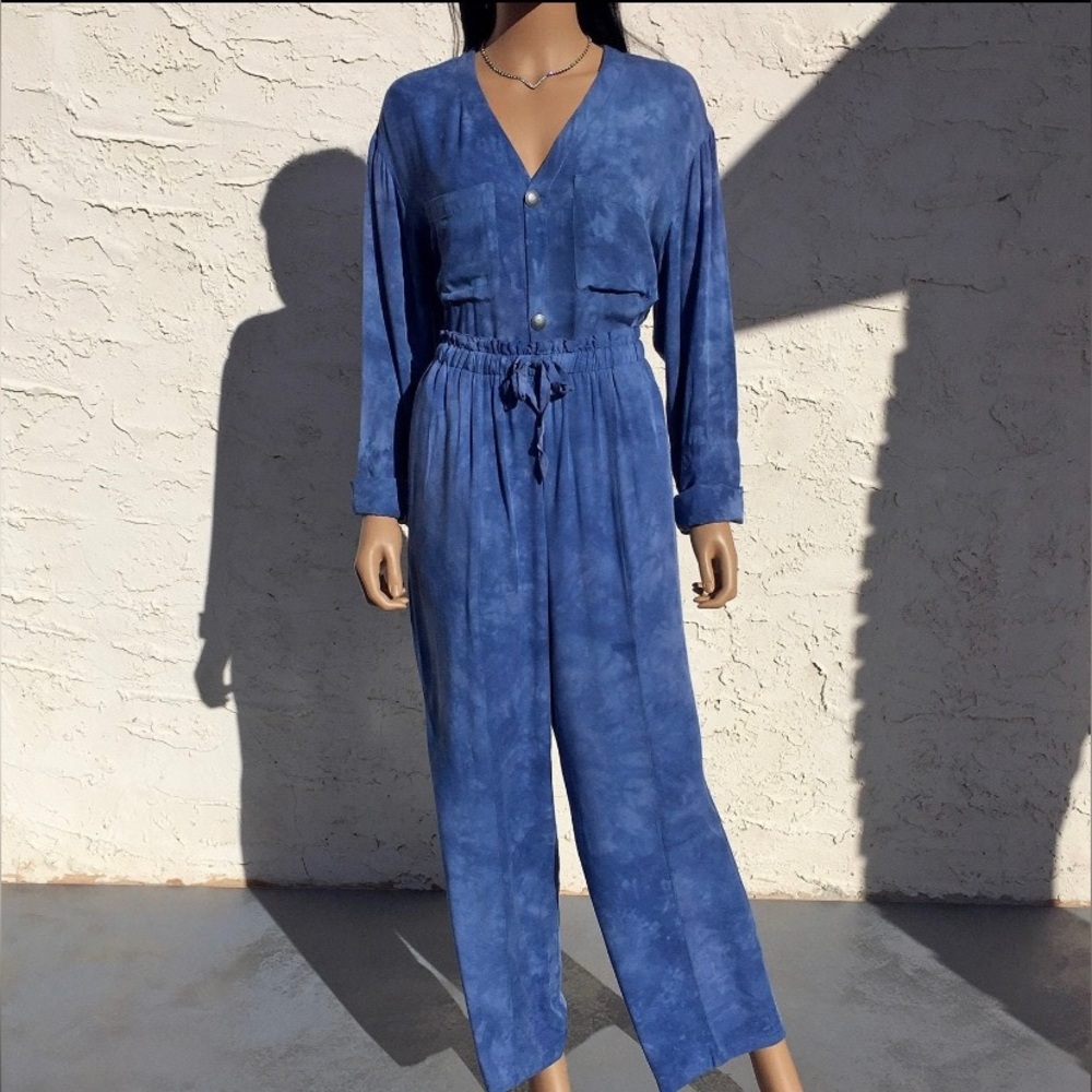 Vintage 80s Liz Claiborne Sky Tie Dye 2 Piece Pant Top Set